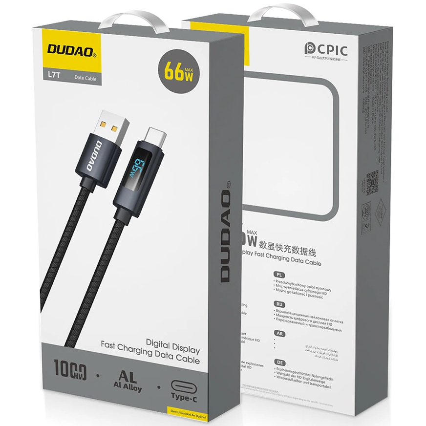 USB-A - USB-C Dudao L7T -tietojen ja latauskaapeli, 66W, 1m, musta