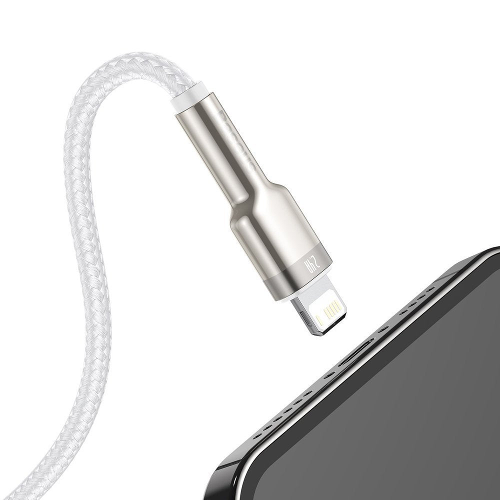 Tieto- ja latauskaapeli USB-A - Lightning Baseus Cafule Metal Series, 18W, 1m, valkoinen CALJK-A02