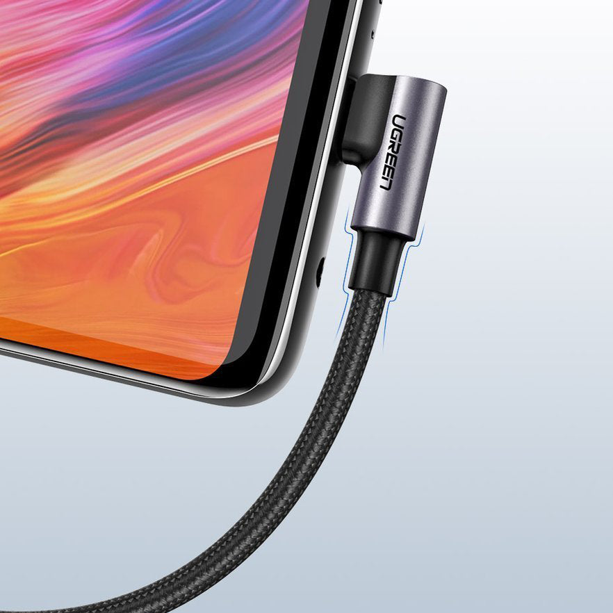 USB-A - USB-C UGREEN US284 Angled -kaapeli, 18W, 1m, Harmaa