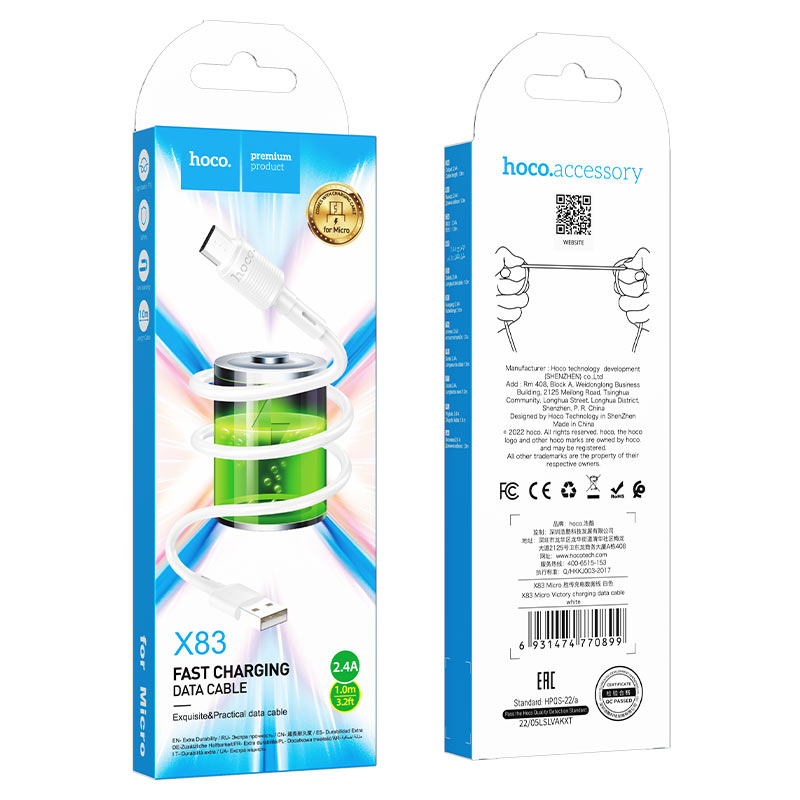 USB-A - microUSB HOCO X83 Victory -kaapeli, 18W, 1m, Valkoinen