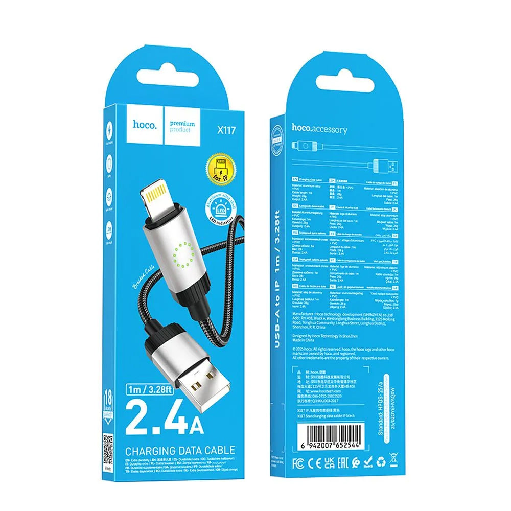 USB-A - Lightning HOCO X117 Data- ja Latauskaapeli, 18W, 1m, Musta
