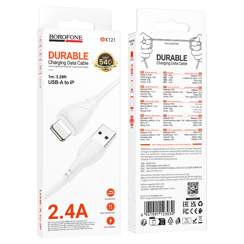 USB-A - Lightning Borofone BX121 Energy -data- ja latauskaapeli, 18W, 1m, Valkoinen