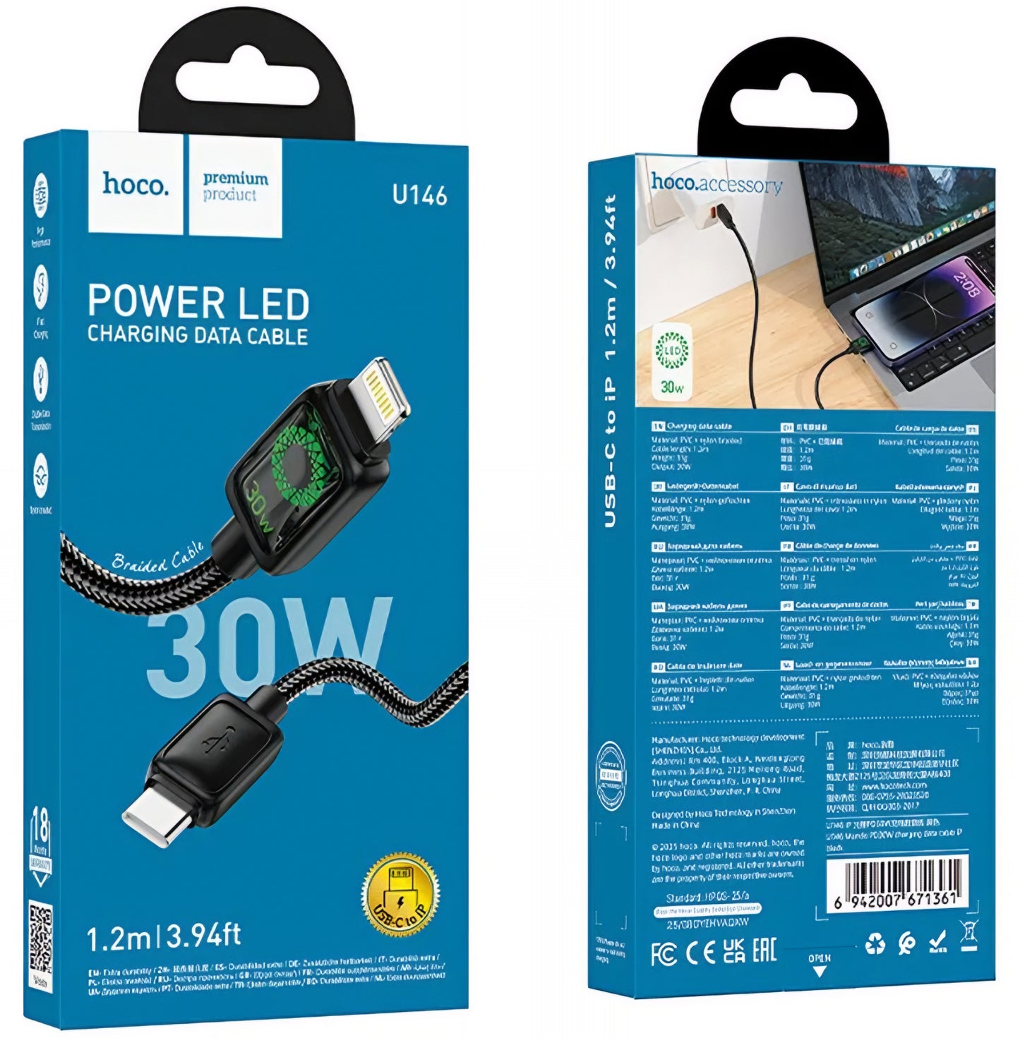 USB-C - Lightning HOCO U146 -data- ja latauskaapeli, 30W, 1.2m, Musta