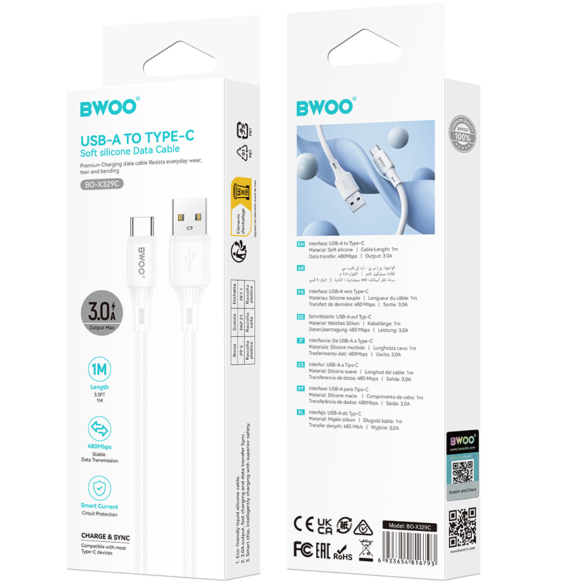 USB-A - USB-C BWOO X329C tiedonsiirto- ja latauskaapeli, 15W, 1m, valkoinen
