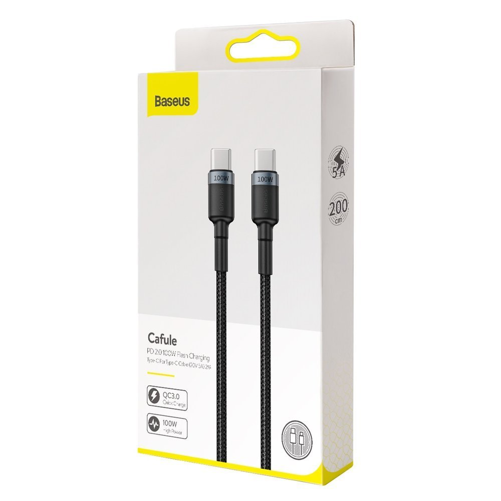 USB-C-tietojen ja latauksen kaapeli - USB-C Baseus Cafule, 100W, 2m, Harmaa CATKLF-ALG1