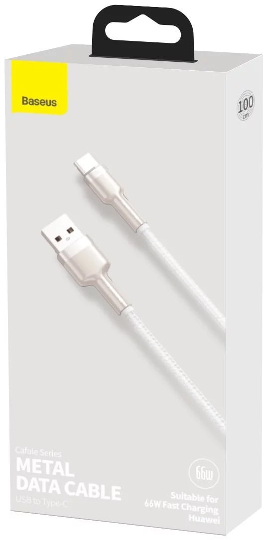 Tieto- ja latauskaapeli USB-A - USB-C Baseus Cafule Metal Series, 66W, 1m, valkoinen CAKF000102