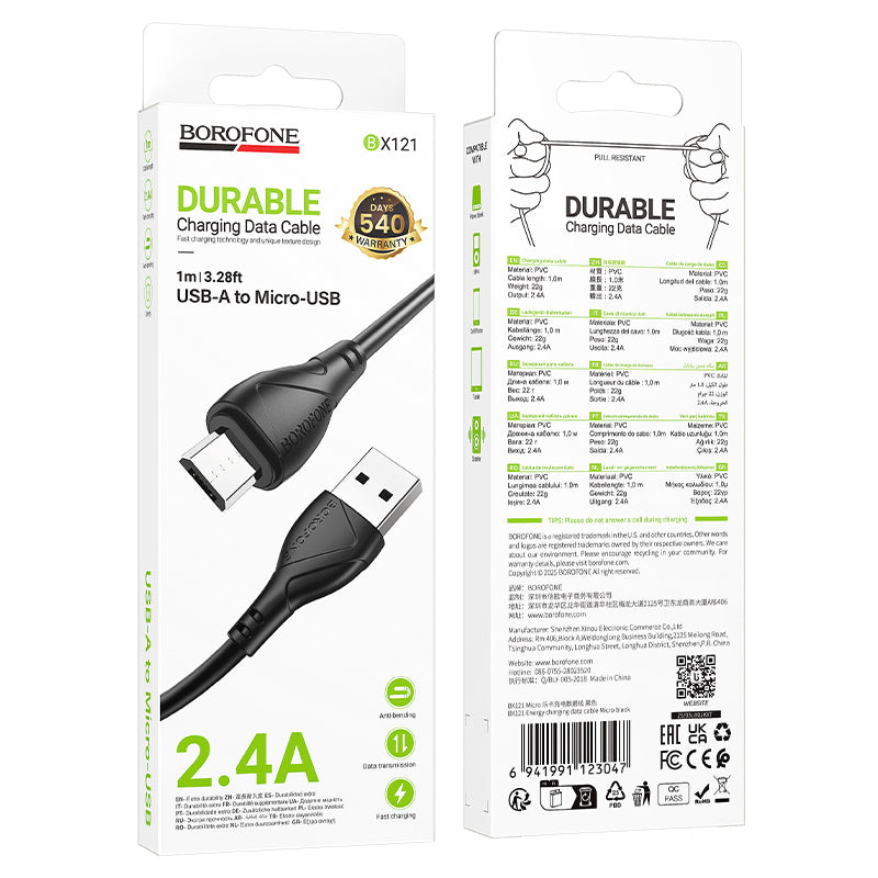USB-A - microUSB-lataus- ja tiedonsiirtokaapeli Borofone BX121 Energy, 18W, 1m, Musta