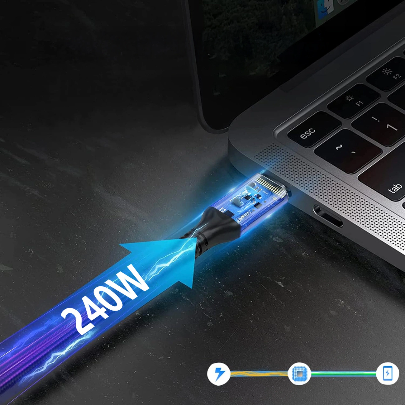 USB-C - USB-C Data- ja Latauskaapeli WZK WPS-UY42S, 240W, 2m, Musta