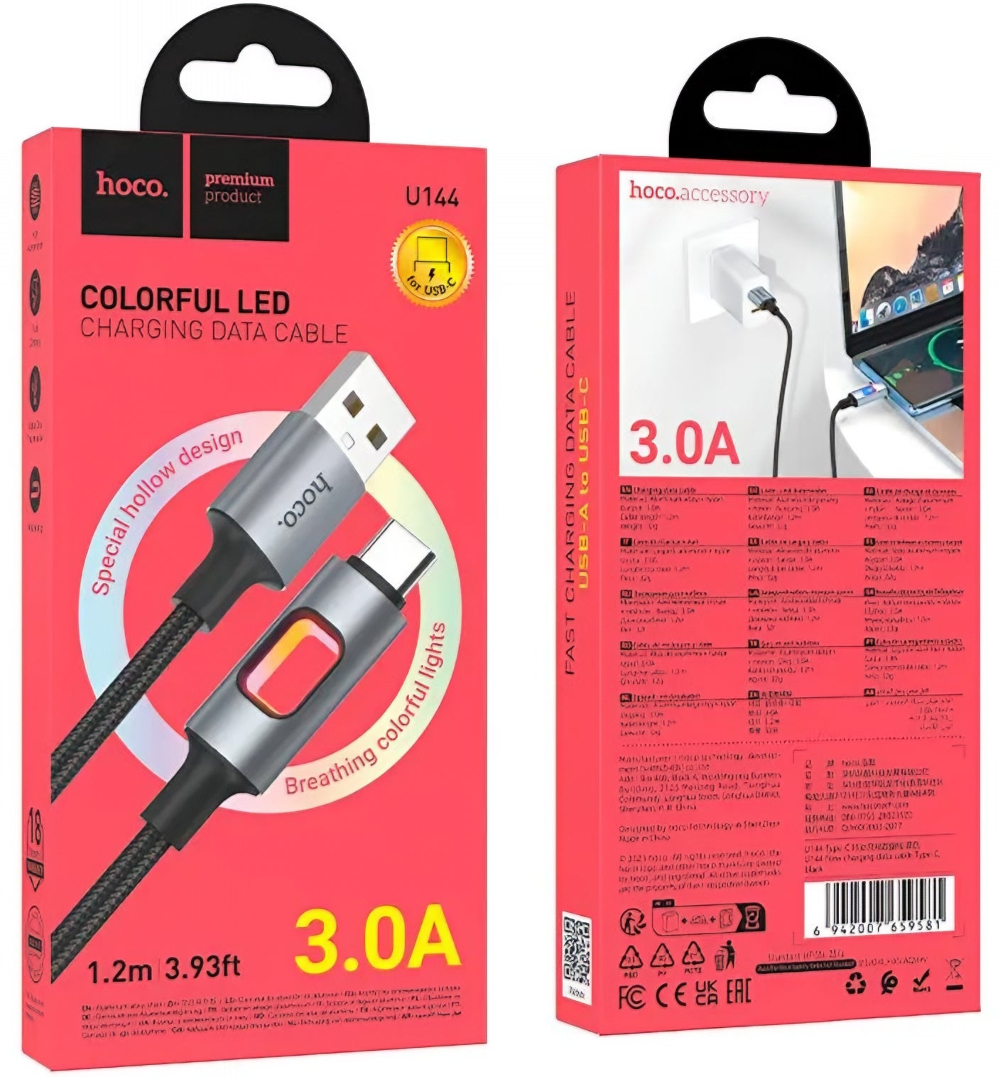 USB-A - USB-C HOCO U144 Led -data- ja latauskaapeli, 18W, 1.2m, Musta