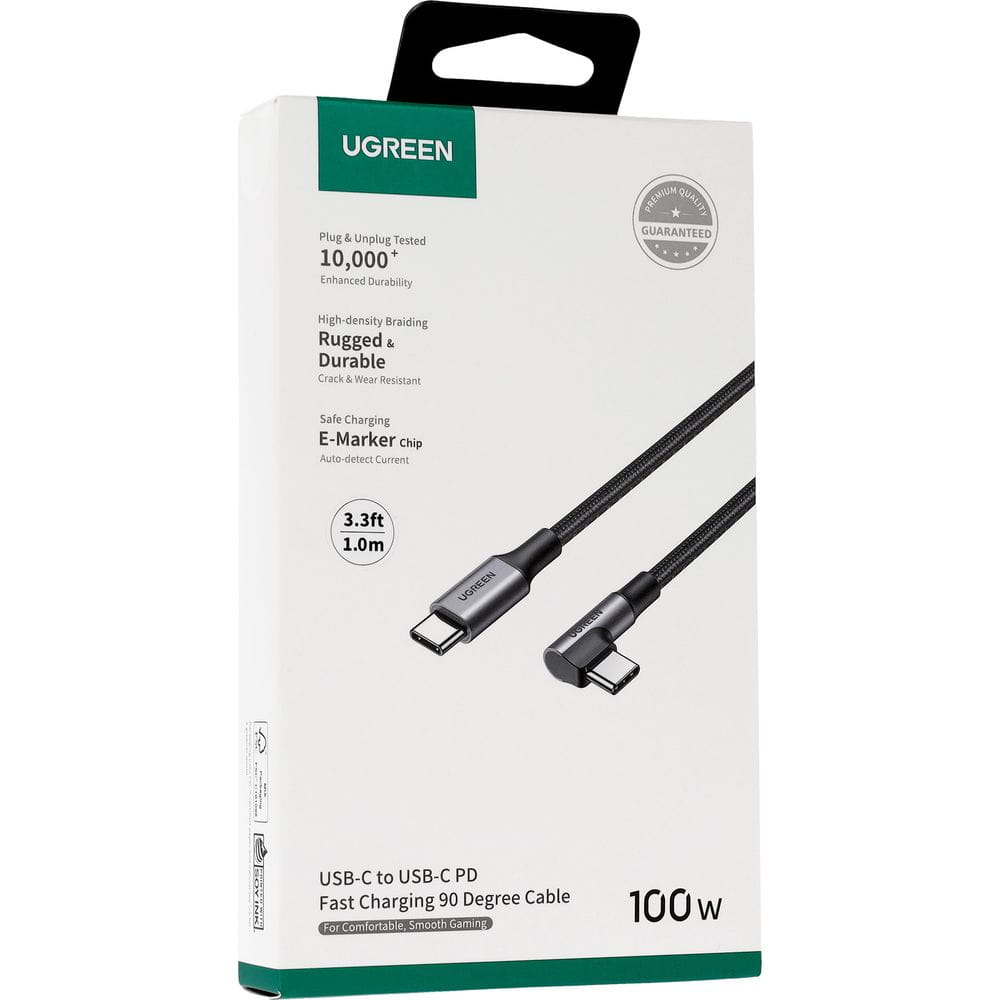 USB-C-tietojen ja latauksen kaapeli - USB-C UGREEN US334 Kulmikas, 100W, 1m, Musta