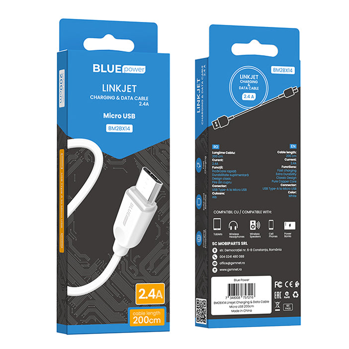 USB-A - microUSB data- ja latauskaapeli BLUE Power BM2BX14 LinkJet, 18W, 2m, Valkoinen
