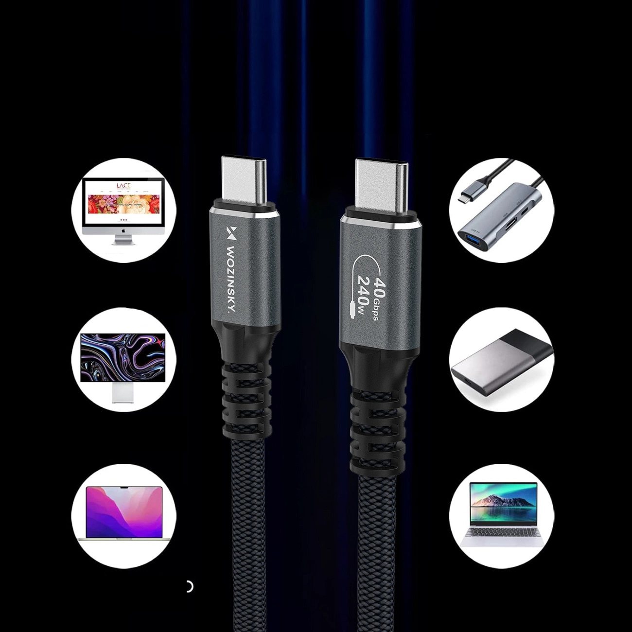 USB-C - USB-C Data- ja Latauskaapeli WZK WPS-UY42S, 240W, 2m, Musta