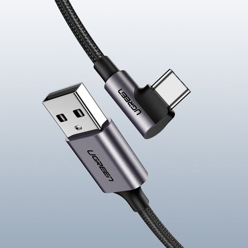 USB-A - USB-C UGREEN US284 Angled -kaapeli, 18W, 1m, Harmaa