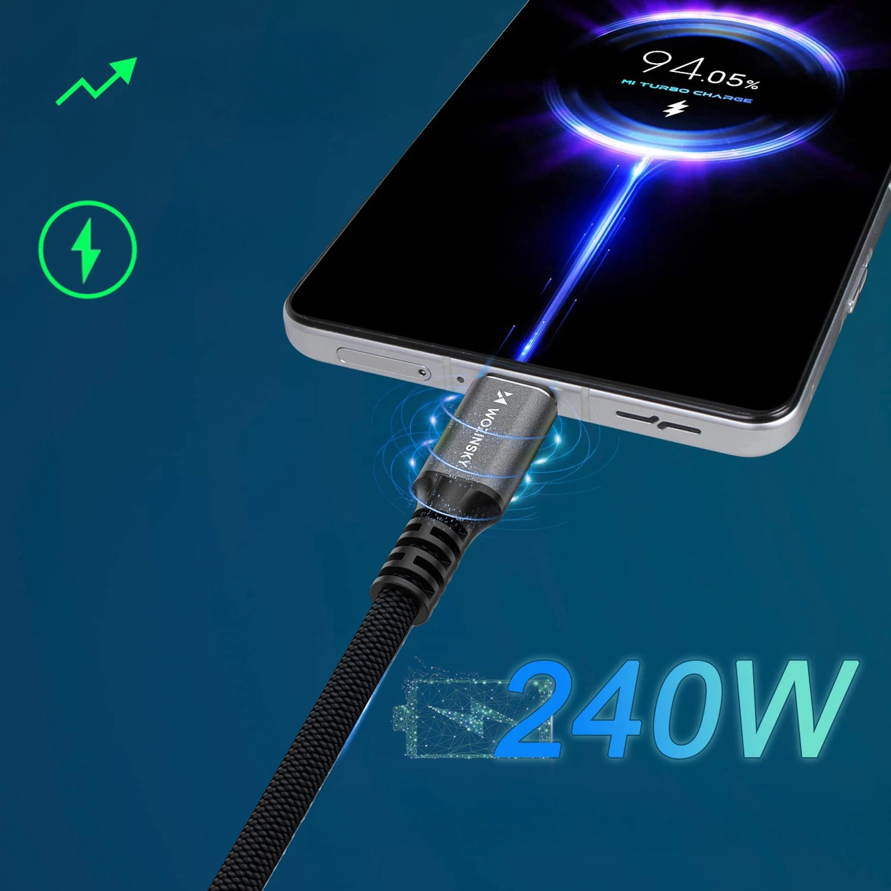 USB-C - USB-C Data- ja Latauskaapeli WZK WPS-UY42S, 240W, 2m, Musta