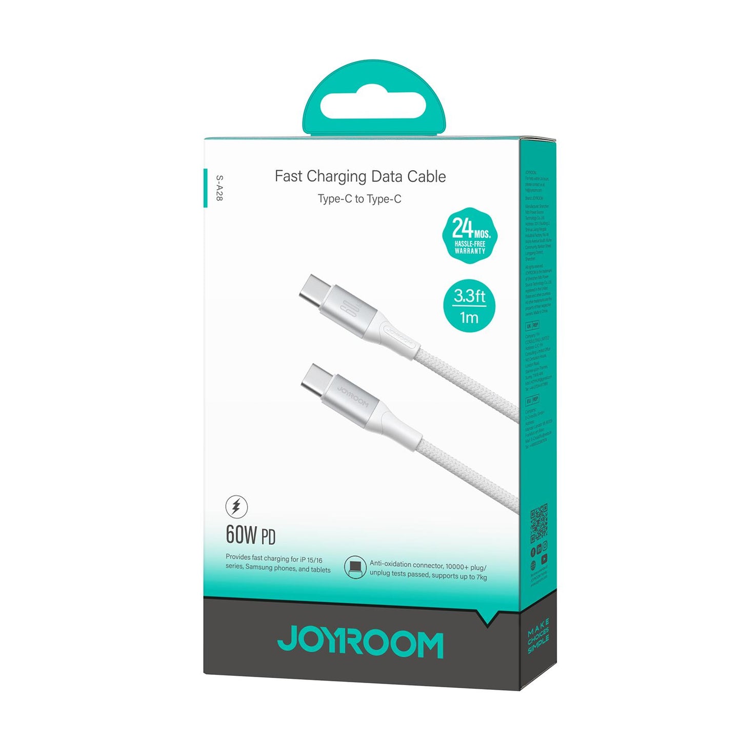 USB-C - USB-C Joyroom S-A28 Flash -kaapeli, 60W, 1m, Valkoinen