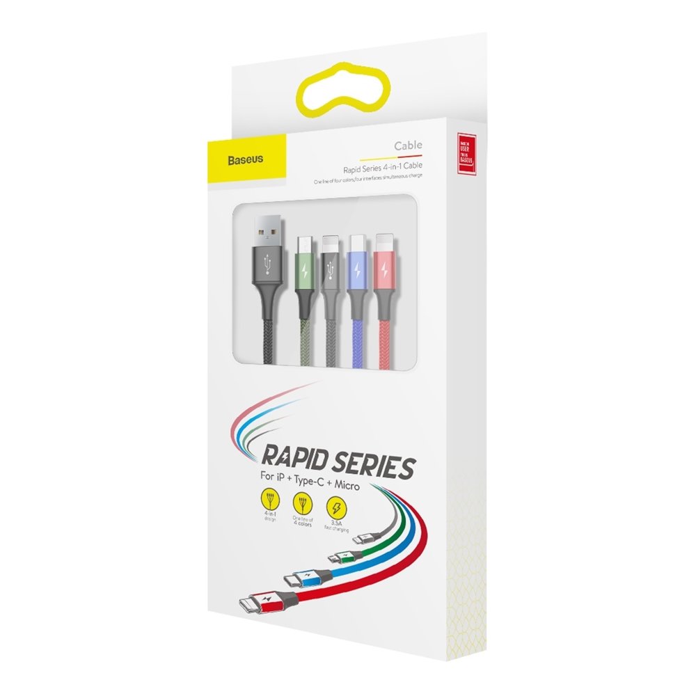USB-A -latauskaapeli - 2 x Lightning / microUSB / USB-C Baseus Rapid 4in1, 20W, 1.2m, Musta CA1T4-A01
