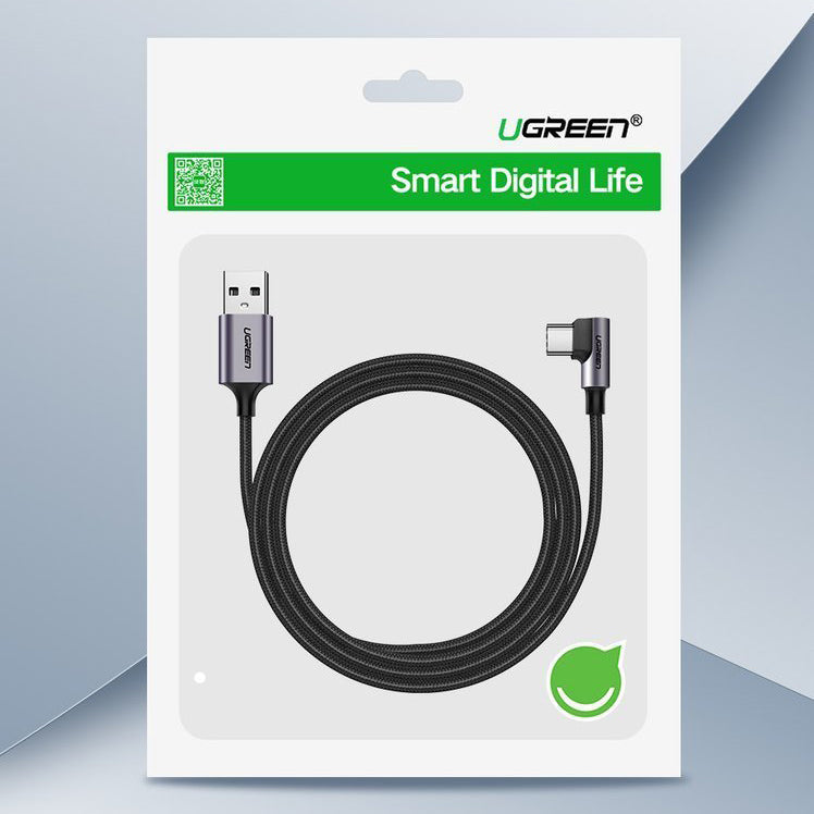 USB-A - USB-C UGREEN US284 Angled -kaapeli, 18W, 1m, Harmaa