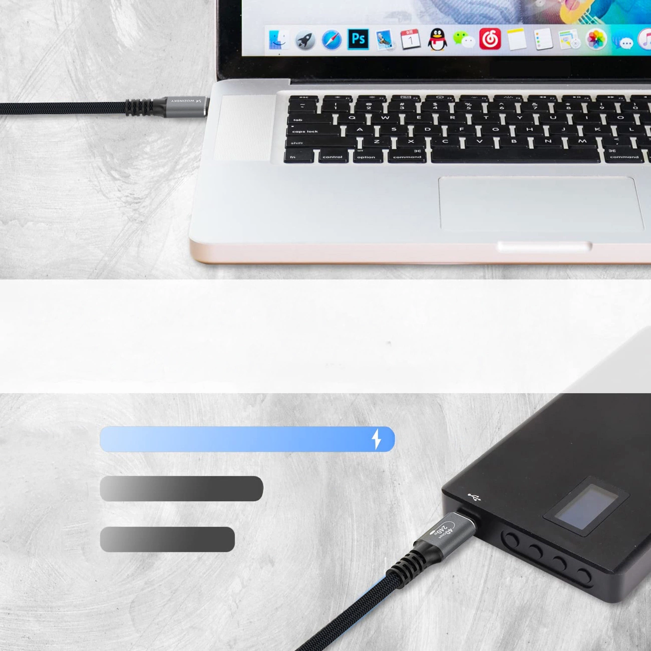 USB-C - USB-C Data- ja Latauskaapeli WZK WPS-UY42S, 240W, 2m, Musta