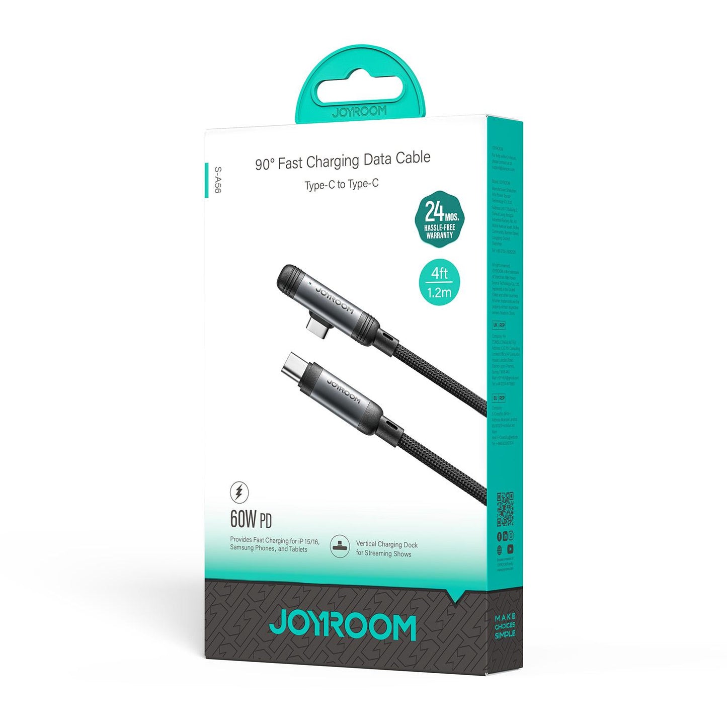 USB-C - USB-C -data- ja latauskaapeli Joyroom S-A56 EnjoyX Angled, 60W, 1.2m, Musta