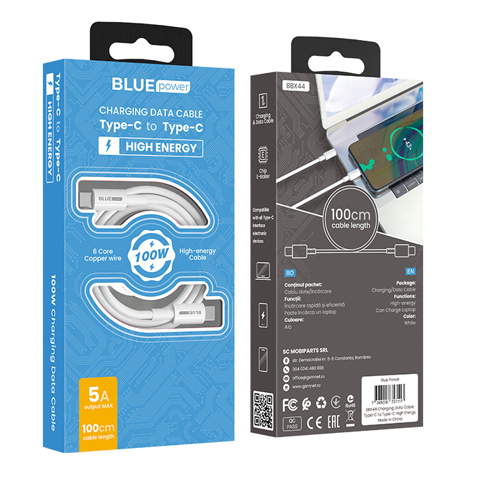 USB-C data- ja latauskaapeli - USB-C BLUE BLUE Power BBX44, 100W, 1m, valkoinen