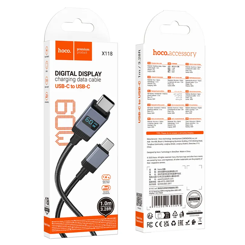 USB-C - USB-C HOCO X118 Display -kaapeli, 60W, 1m, Musta