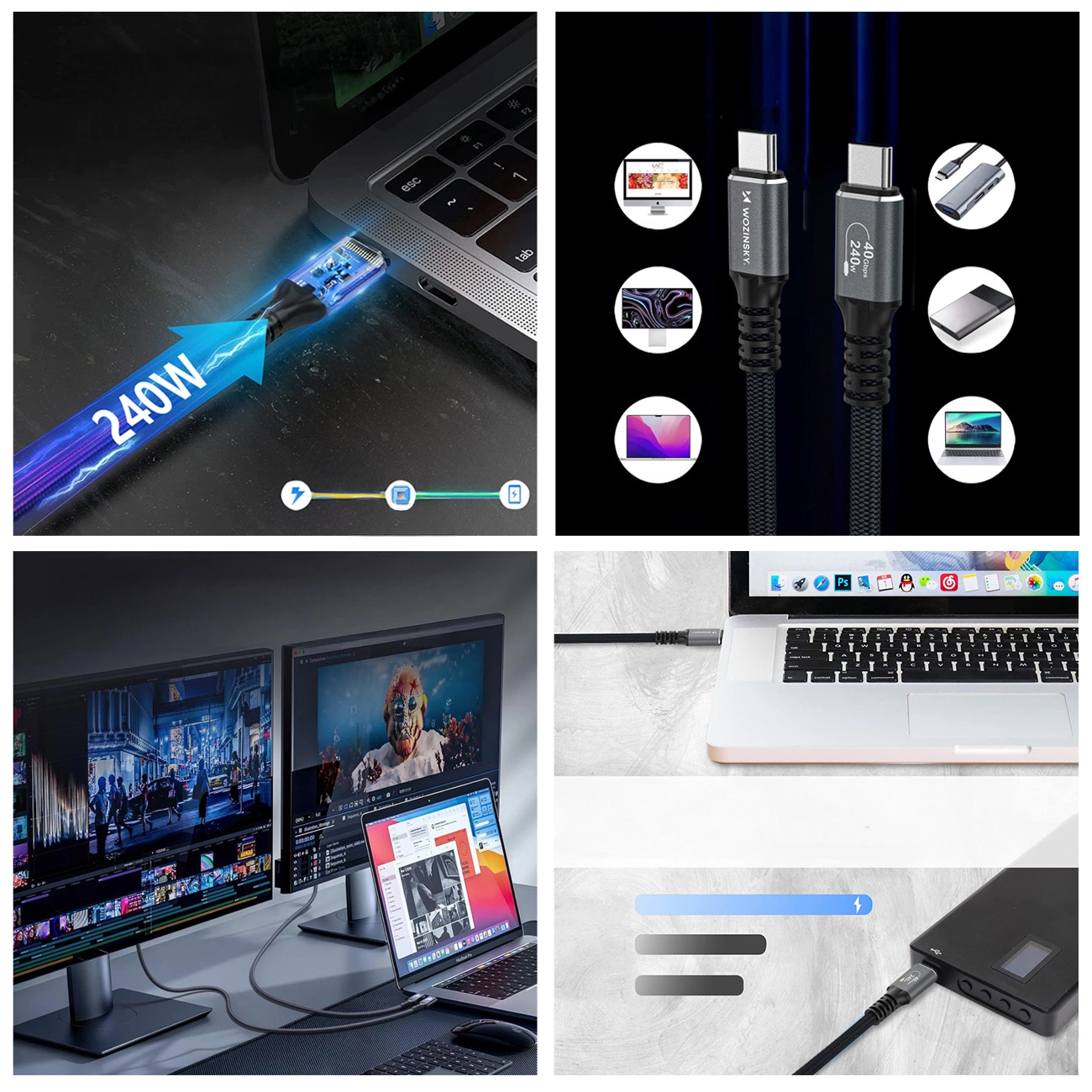 USB-C - USB-C Data- ja Latauskaapeli WZK WPS-UY42S, 240W, 2m, Musta