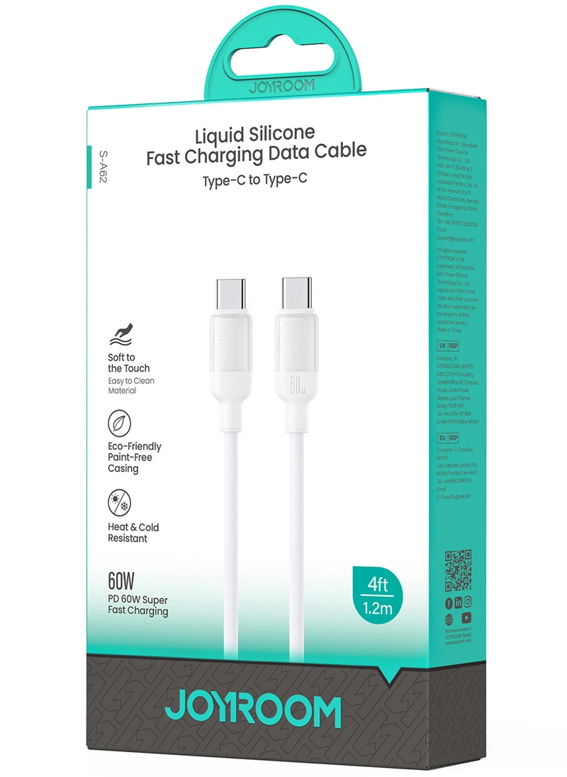 USB-C-tietojen- ja latauskaapeli - USB-C Joyroom S-A62 Lively, 60W, 1,2m, Valkoinen