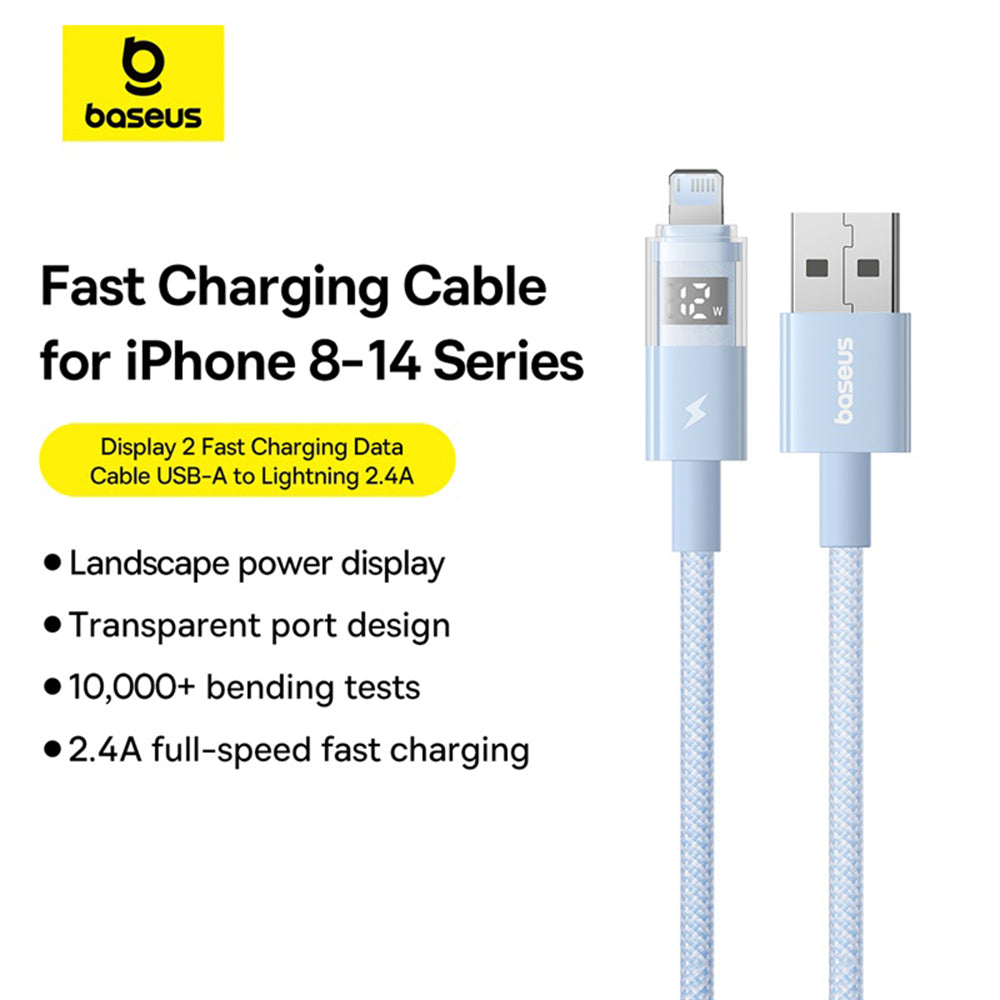 USB-A - Lightning Baseus Display 2 -data- ja latauskaapeli, 12W, 2m, Sininen P10382700311-01