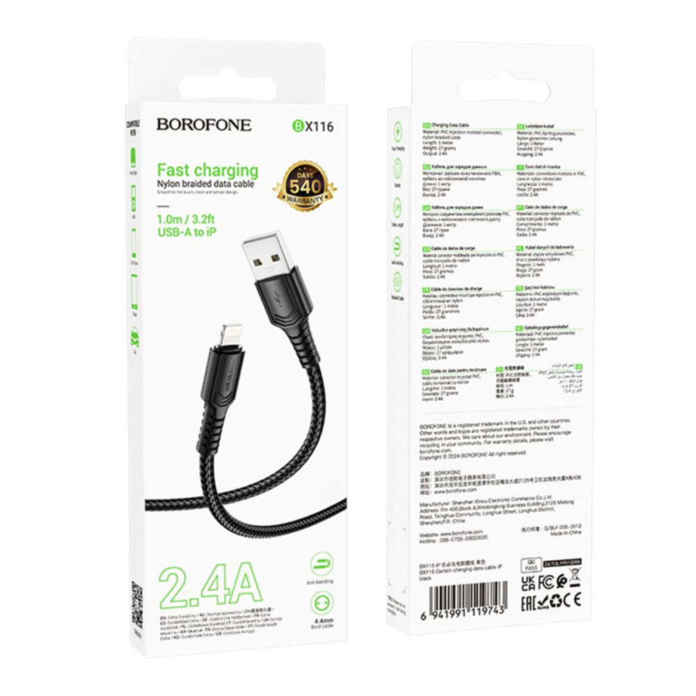 USB-A - Lightning Borofone BX116 Certain -data- ja latauskaapeli, 18W, 1m, Musta