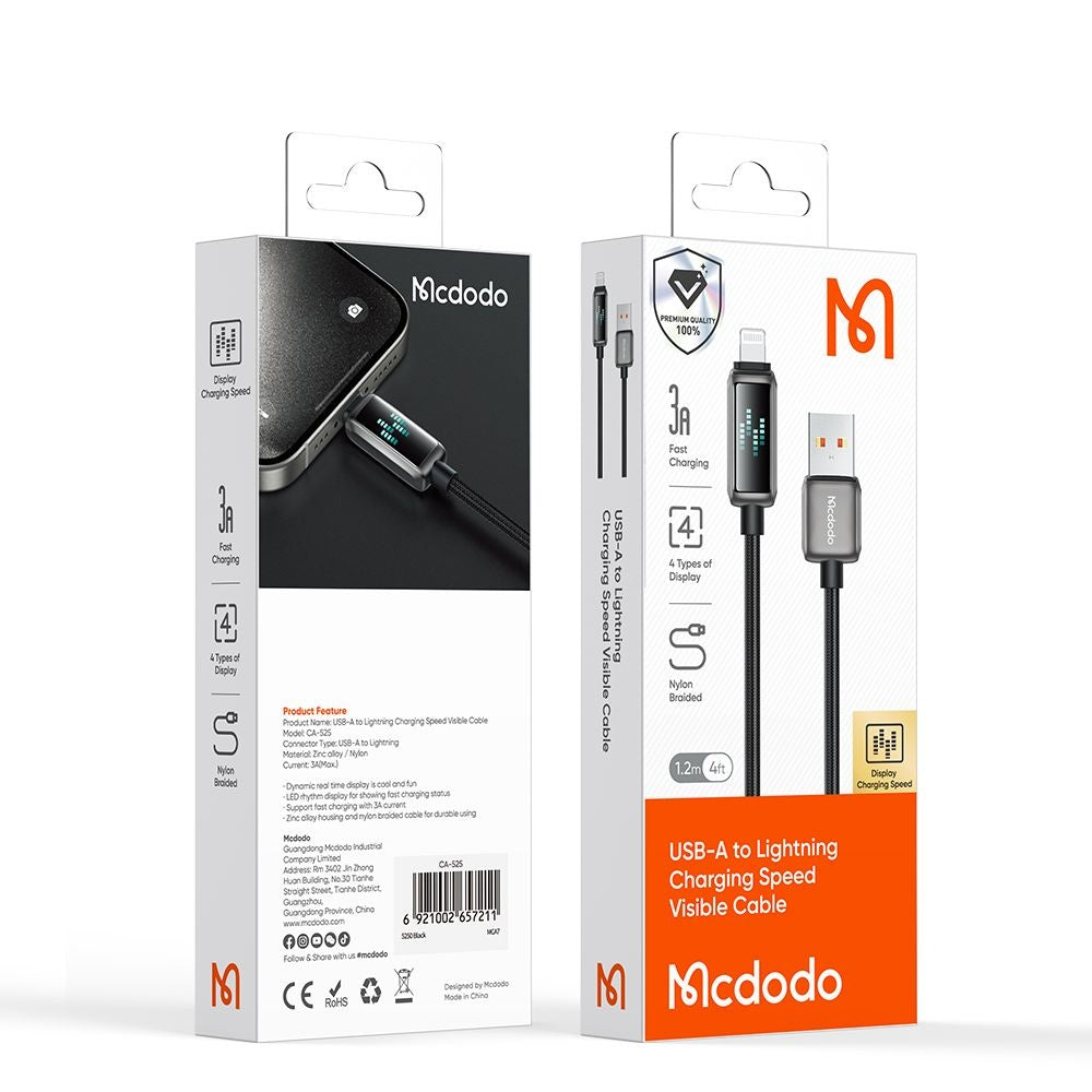 USB-A - Lightning McDodo CA-5250 Display -data- ja latauskaapeli, 18W, 1.2m, Musta