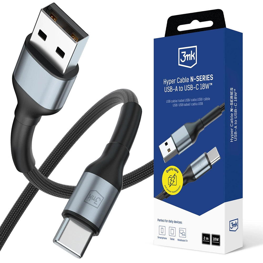 USB-A - USB-C 3MK Hyper N -data- ja latauskaapeli, 18W, 2m, Musta
