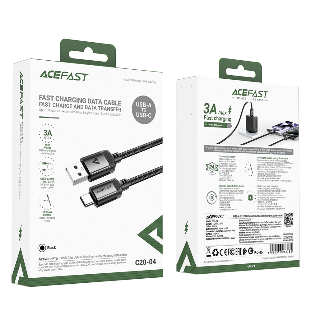 USB-A - USB-C Acefast C20-04 -data- ja latauskaapeli, 18W, 1.2m, Musta