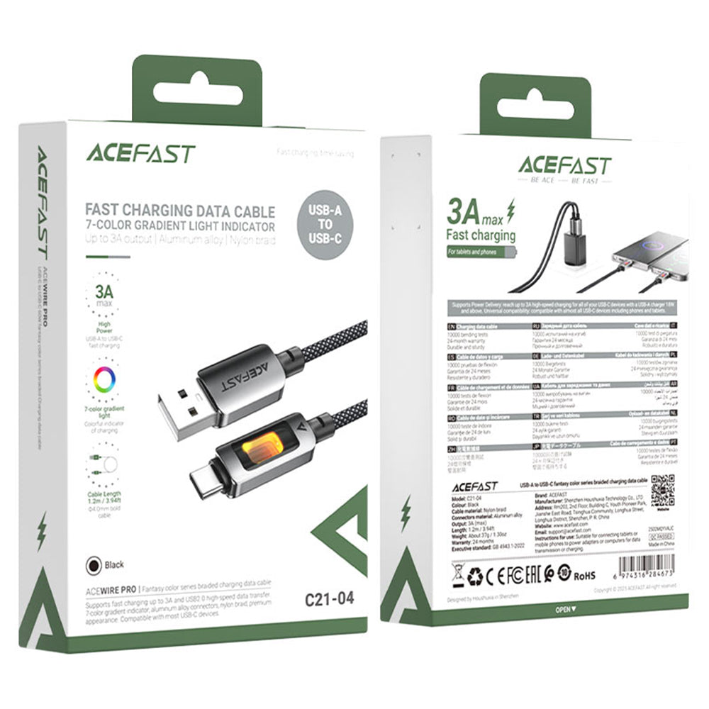 USB-A - USB-C Acefast C21-04 -data- ja latauskaapeli, 18W, 1.2m, Musta