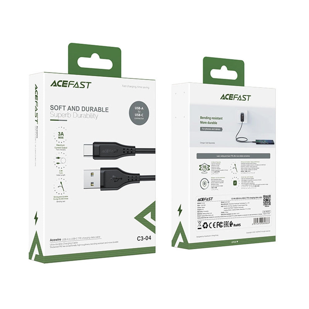 USB-A - USB-C Acefast C3-03 Data- ja Latauskaapeli, 60W, 1.2m, Musta