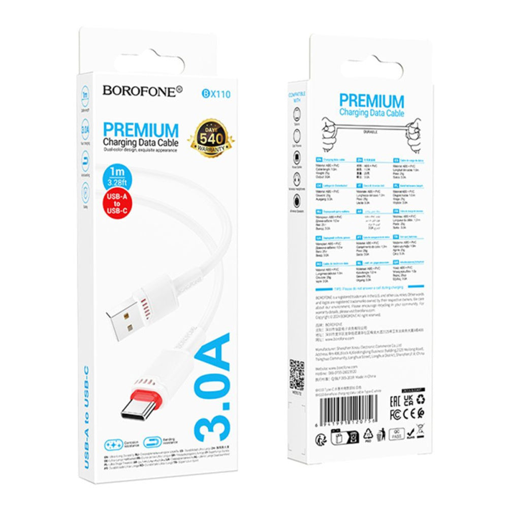 USB-A - USB-C -data- ja latauskaapeli Borofone BX110 Beneficio, 18W, 1m, Valkoinen