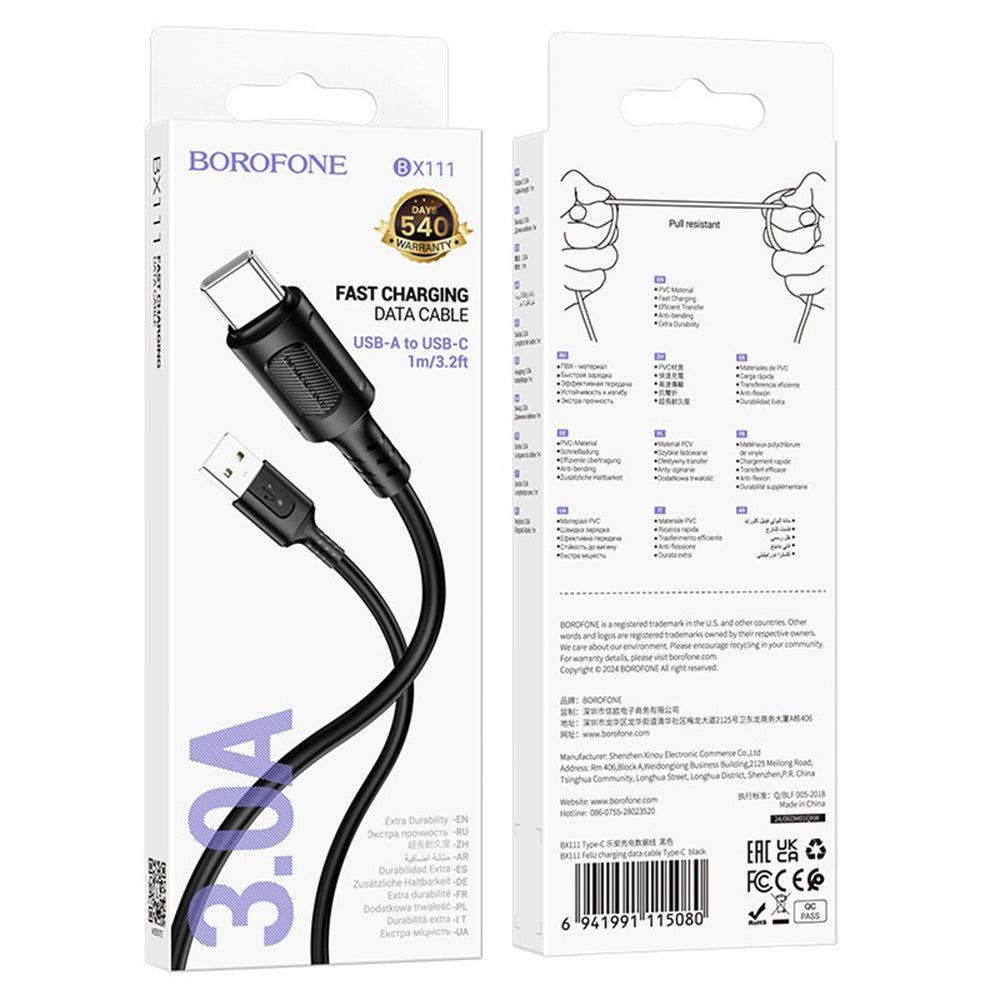 USB-A - USB-C Borofone BX111 Feliz data- ja latauskaapeli, 20W, 1m, Musta