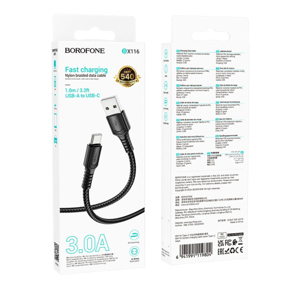 USB-A - USB-C Borofone BX116 Certain -data- ja latauskaapeli, 18W, 1m, Musta