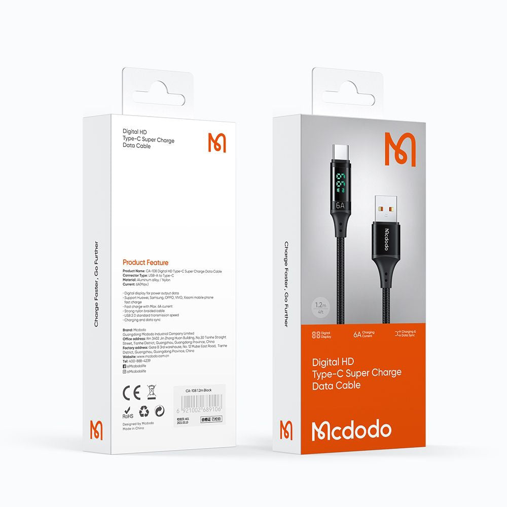 USB-A - USB-C McDodo CA-1080 Display -datalatauskaapeli, 66W, 1.2m, Musta