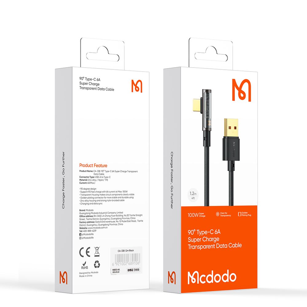 Data- ja latauskaapeli USB-A - USB-C McDodo CA-3380 Angled, 100W, 1.2m, Musta