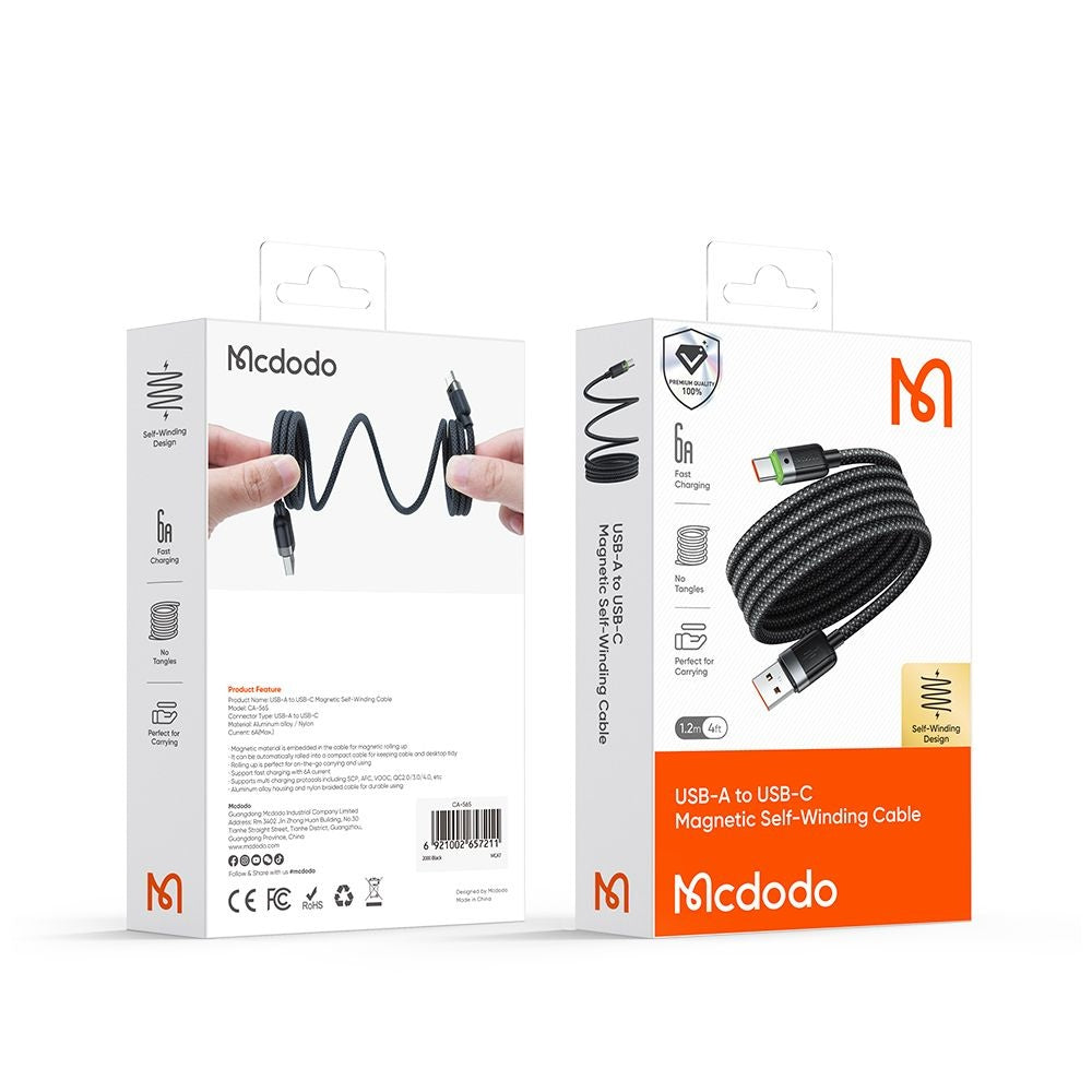 USB-A - USB-C McDodo CA-5650 itsestään käämittyvä data- ja latauskaapeli, 66W, 1.2m, Musta