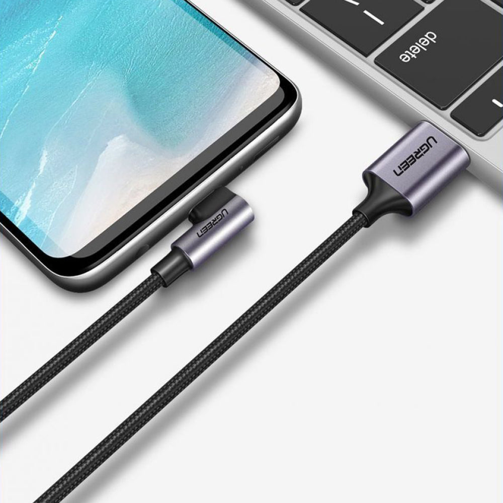 UGREEN US284 Angled USB-A - USB-C Data ja Latauskaapeli, 18W, 0.5m, Harmaa