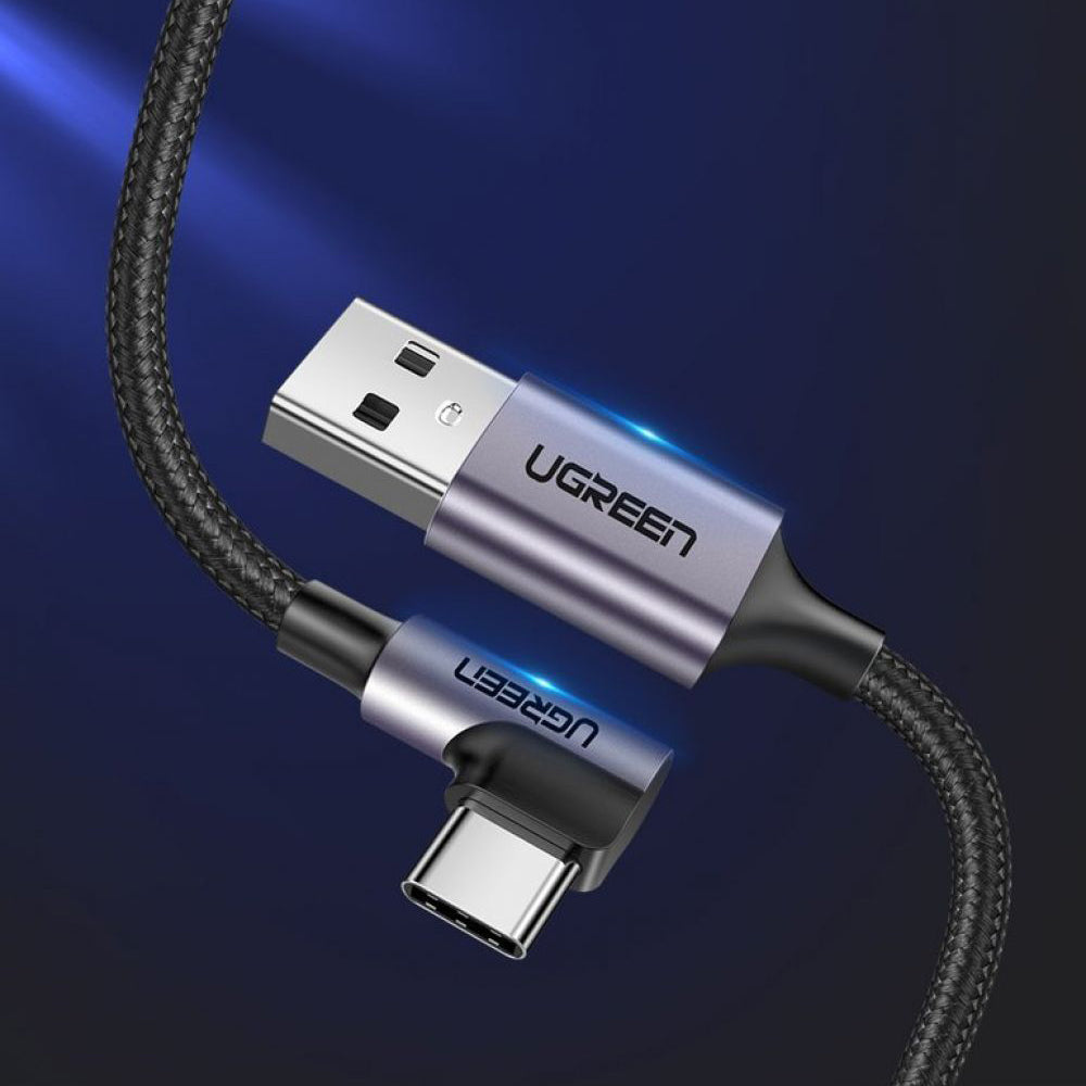 UGREEN US284 Angled USB-A - USB-C Data ja Latauskaapeli, 18W, 0.5m, Harmaa