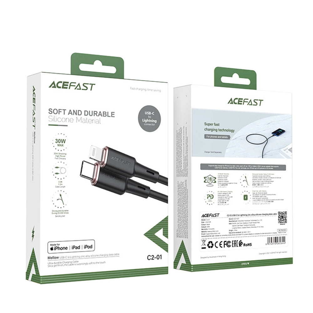 USB-C - Lightning -lataus- ja tiedonsiirtokaapeli Acefast C2-01, 30W, 1.2m, Musta