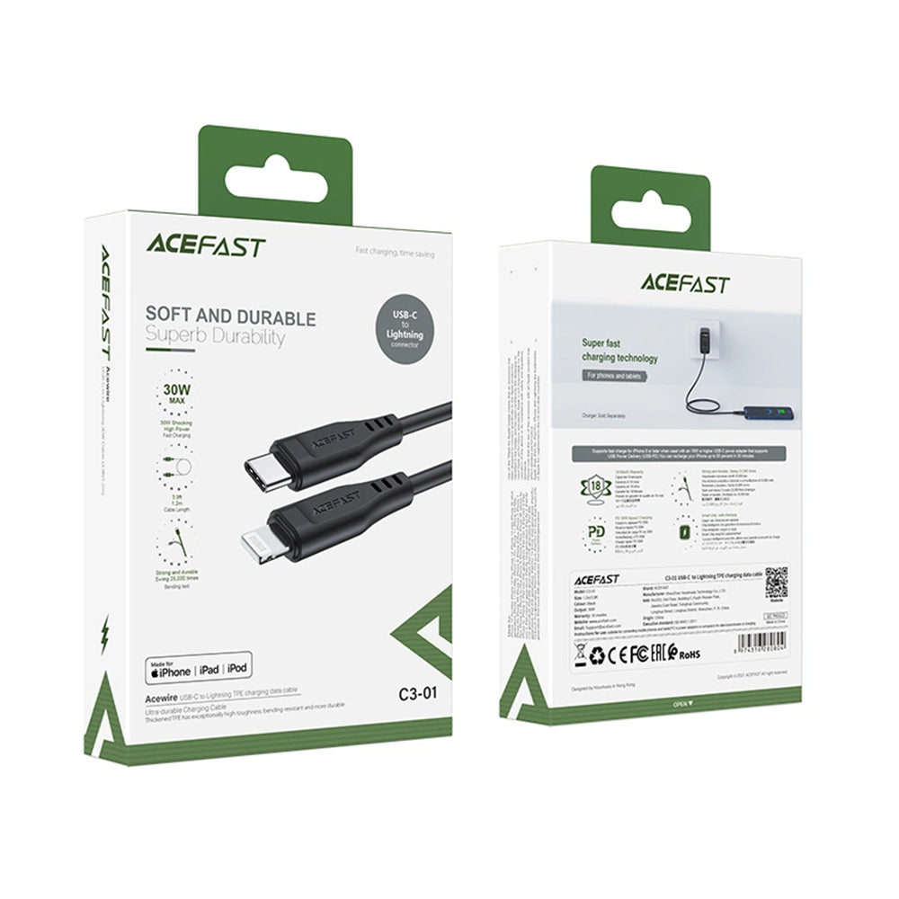 USB-C - Lightning Acefast C3-01 Data- ja Latauskaapeli, 30W, 1.2m, Musta