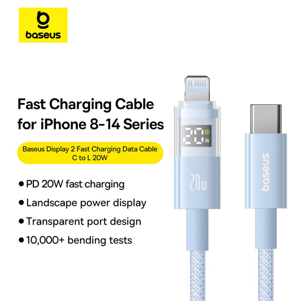 USB-C - Lightning Baseus Display 2 -data- ja latauskaapeli, 20W, 2m, Sininen P10382703311-01