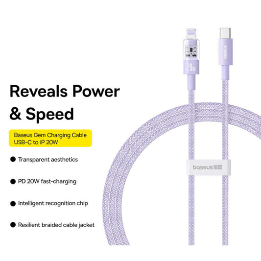 USB-C - Lightning Baseus Gem -data- ja latauskaapeli, 20W, 2m, Violetti P10373001511-01
