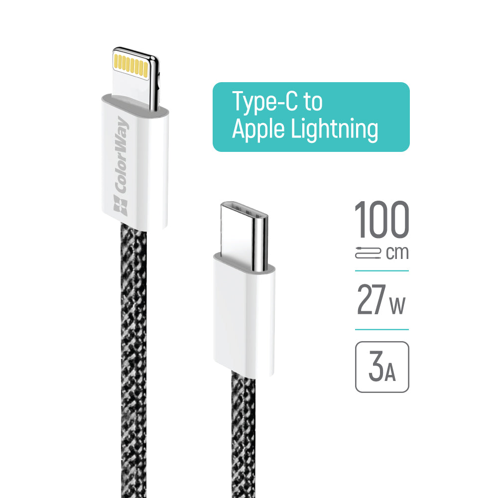 USB-C - Lightning -lataus- ja tiedonsiirtokaapeli ColorWay CW-CBPDCL061, 27W, 1m, Musta