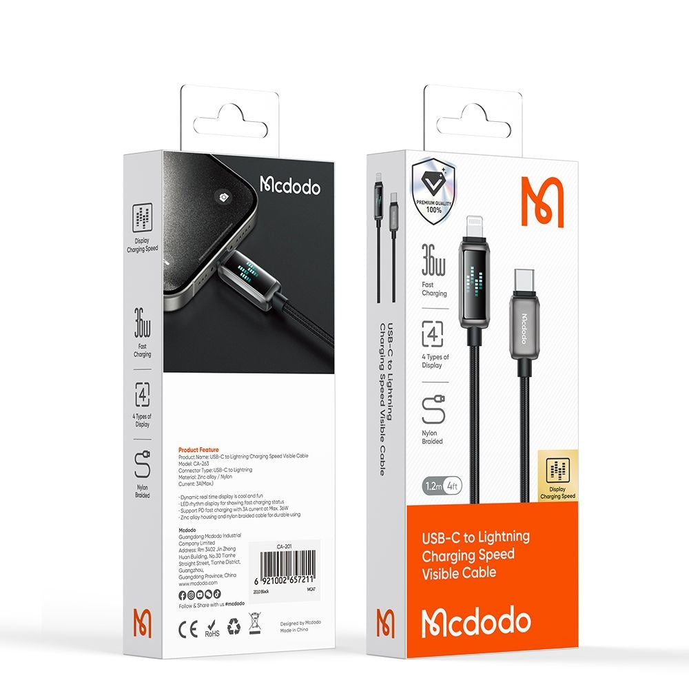 USB-C - Lightning McDodo CA-2630 Display -data- ja latauskaapeli, 36W, 1.2m, Musta