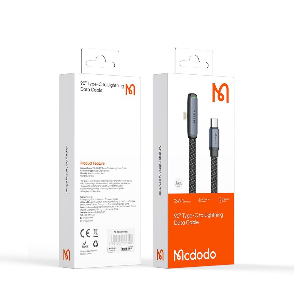 USB-C - Lightning McDodo CA-3350 Angled -data- ja latauskaapeli, 36W, 1.2m, Musta