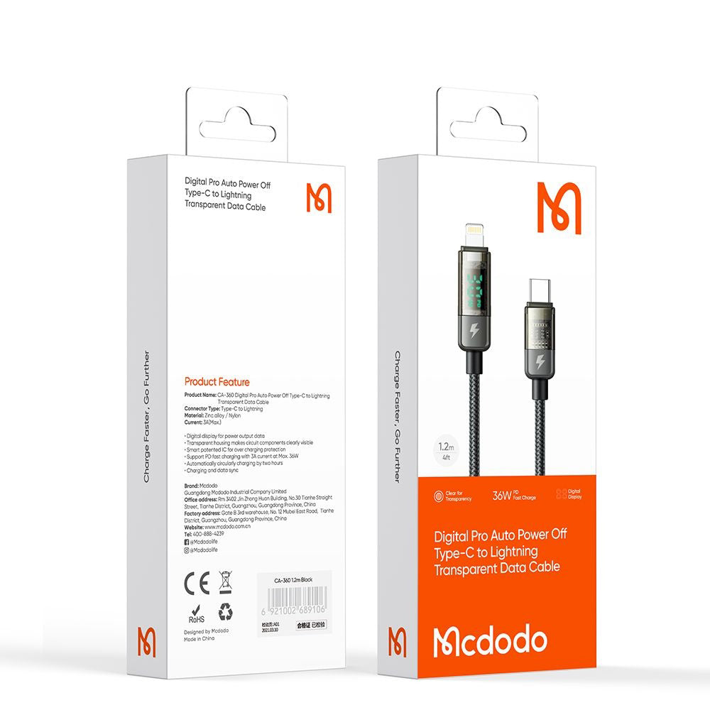 USB-C - Lightning McDodo CA-3600 Data ja Latauskaapeli, Auto Power Off -näyttö, 36W, 1.2m, Musta